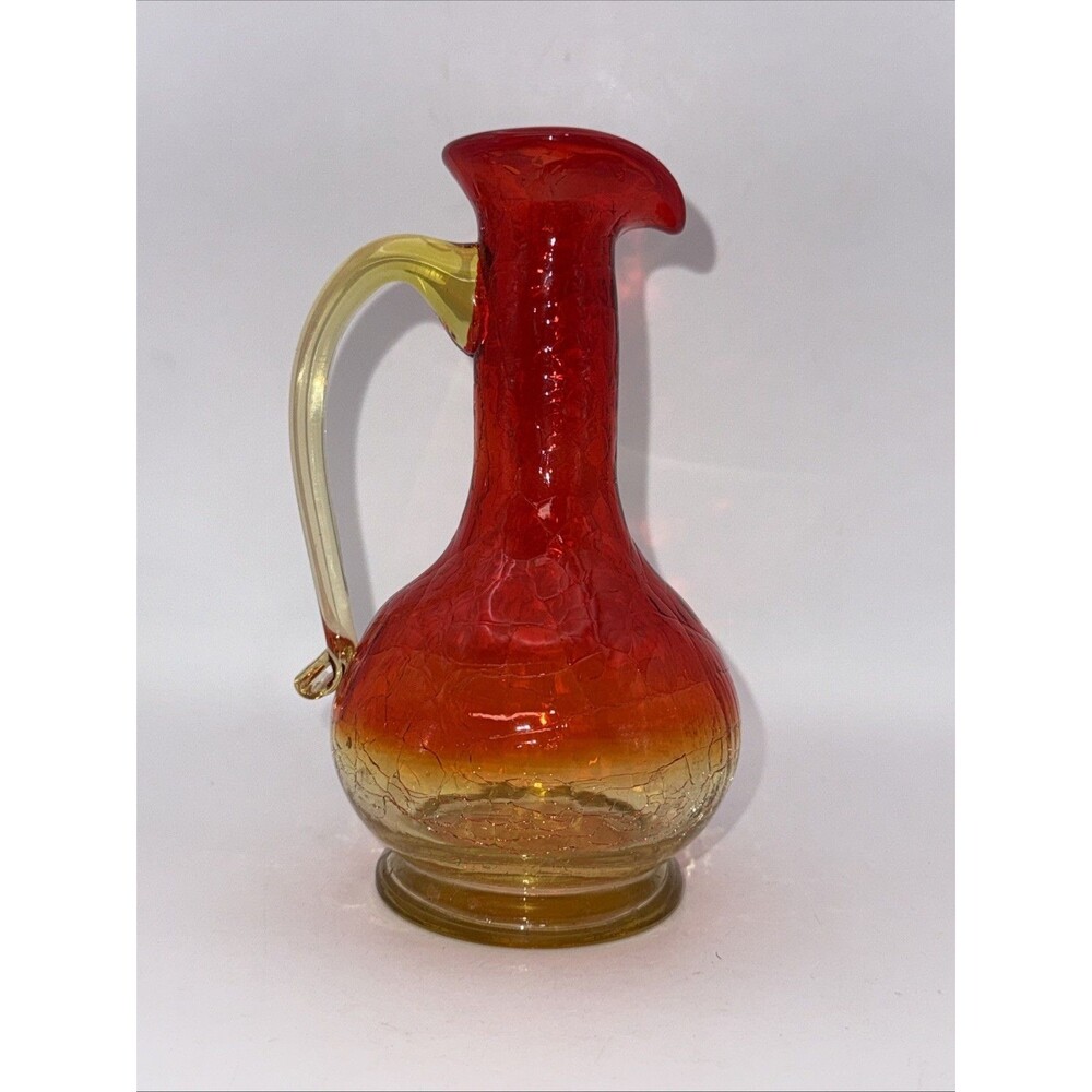 Vintage Hand Blown Amberina Crackle Glass 6" Pitcher/Vase Art Glass